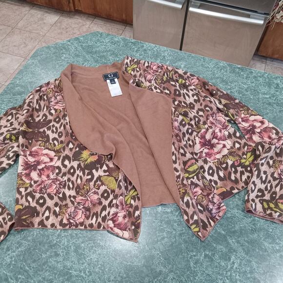 G by Giuliana Women's 1x Reversible Mocha Leopard Floral Open Cardigan Cropped - Picture 1 of 10